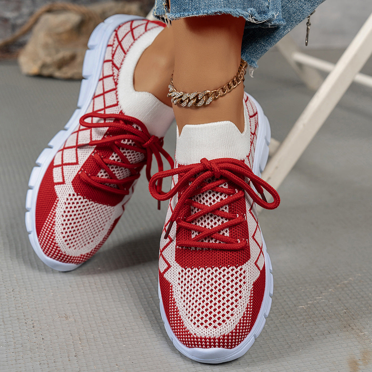 Colorblock Plaid Lace-Up Flyknit Sneakers