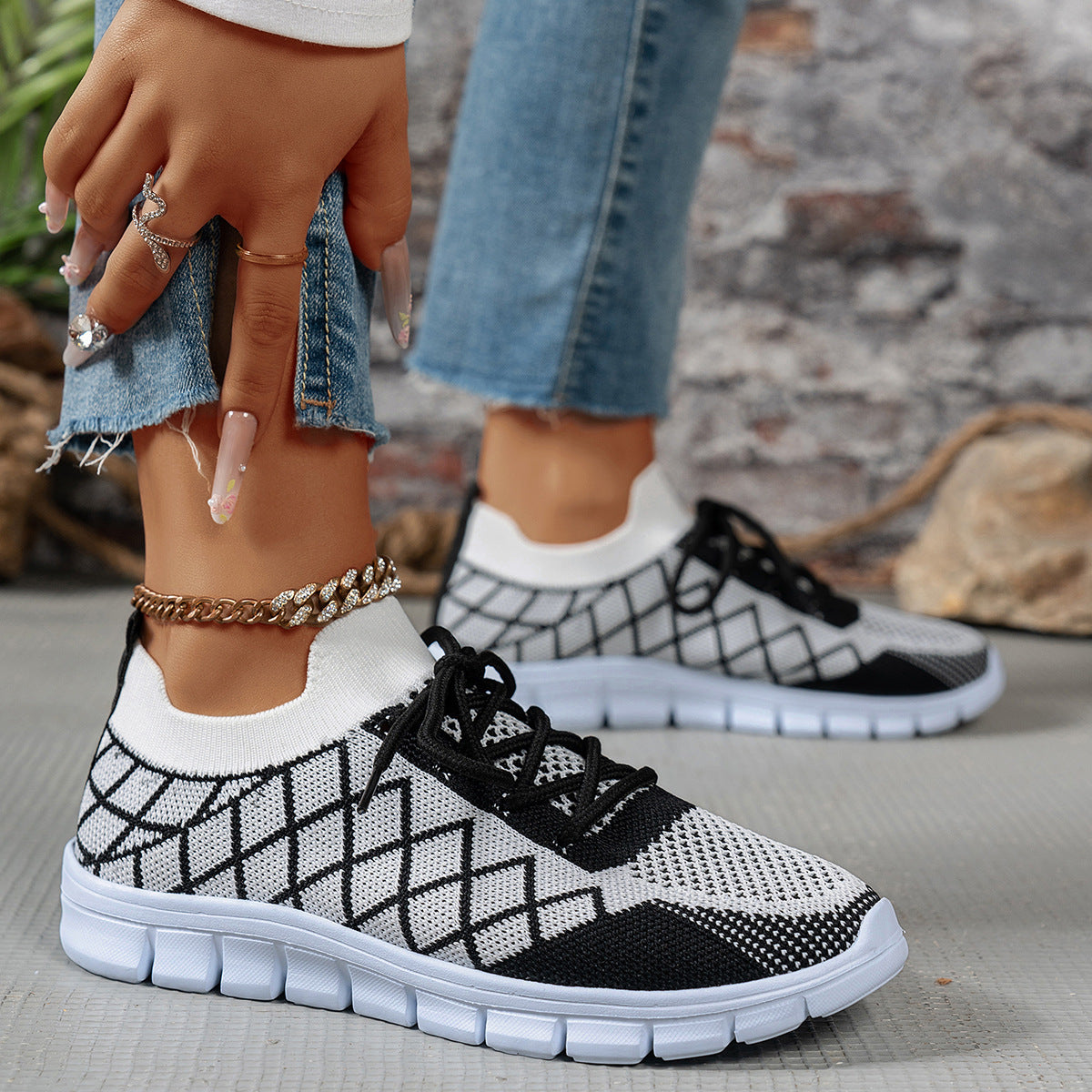 Colorblock Plaid Lace-Up Flyknit Sneakers