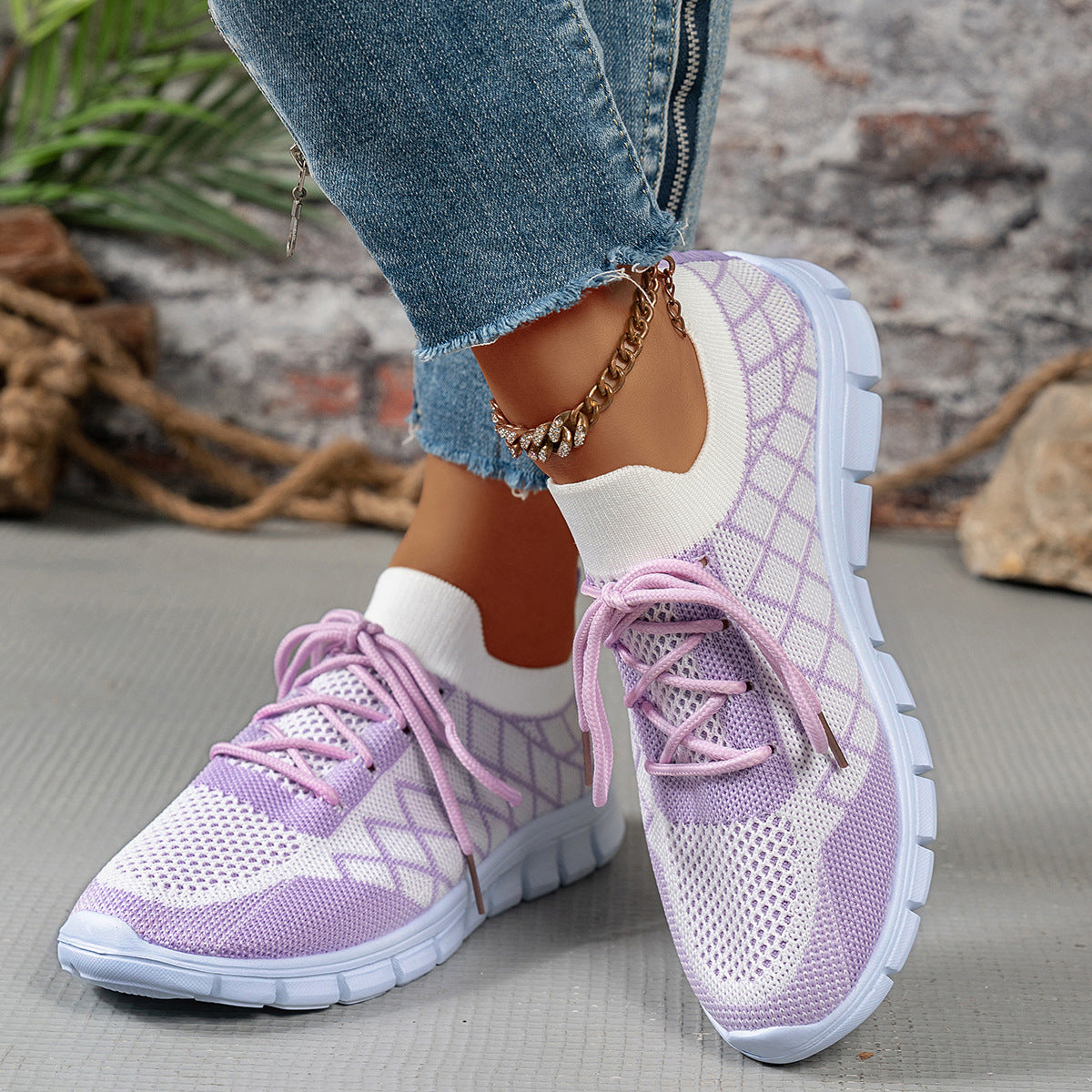 Colorblock Plaid Lace-Up Flyknit Sneakers