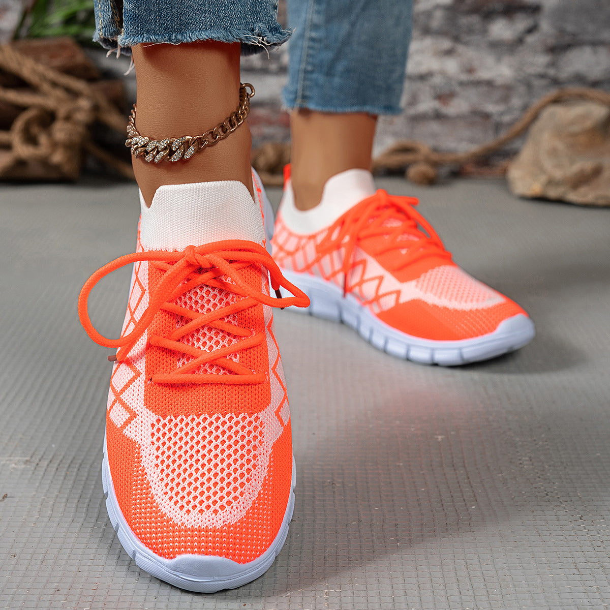 Colorblock Plaid Lace-Up Flyknit Sneakers