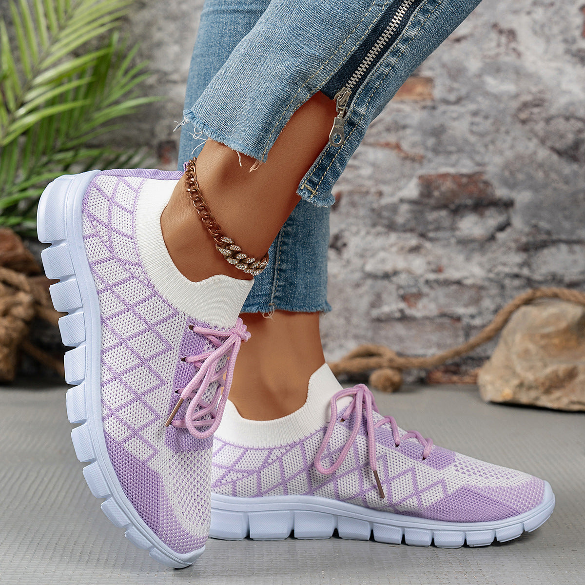 Colorblock Plaid Lace-Up Flyknit Sneakers