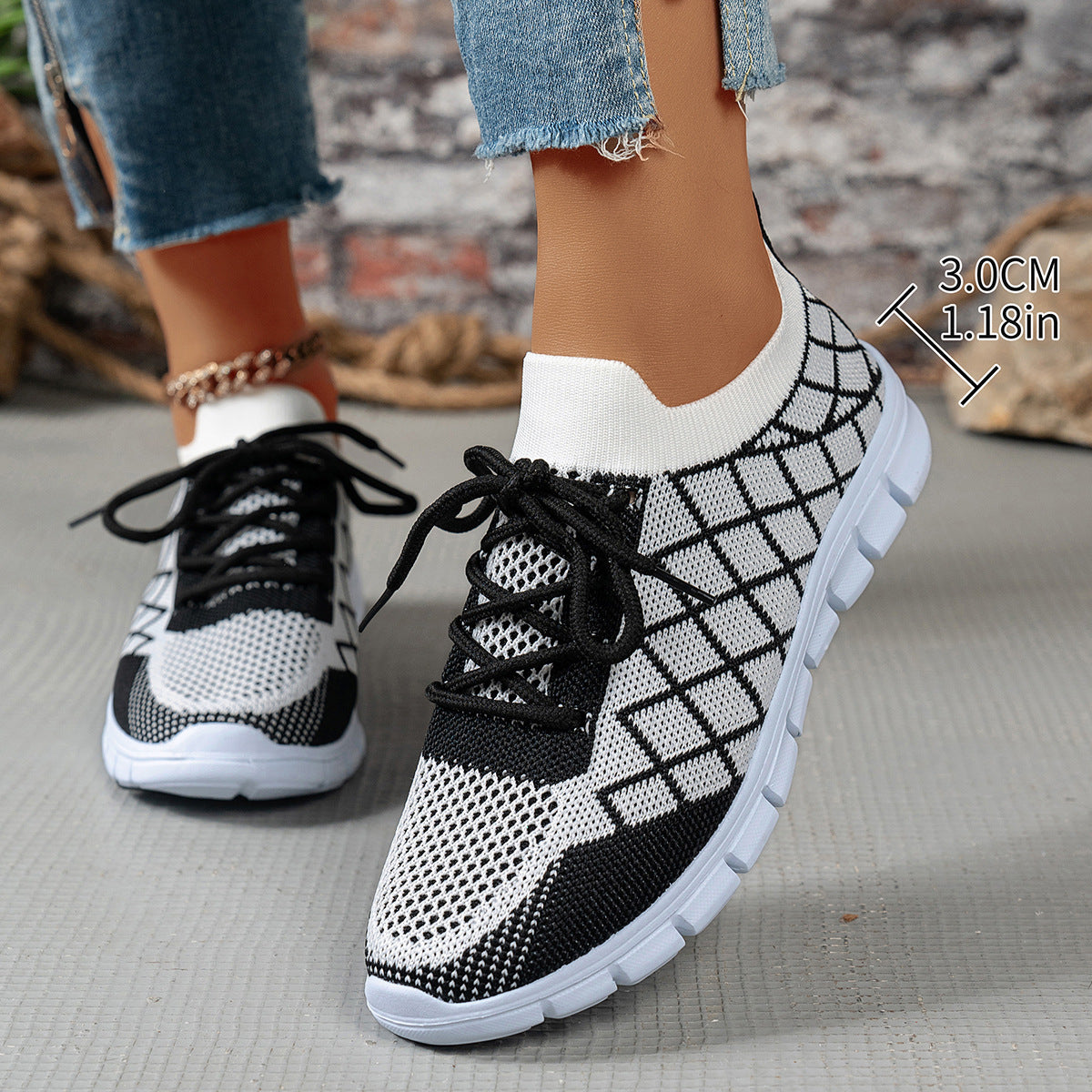 Colorblock Plaid Lace-Up Flyknit Sneakers